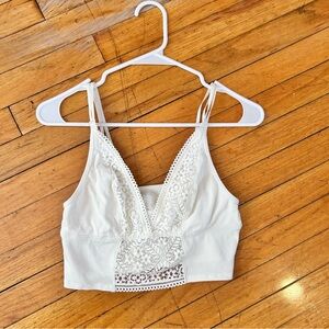 aerie White Ribbed Lace-Trim Bralette